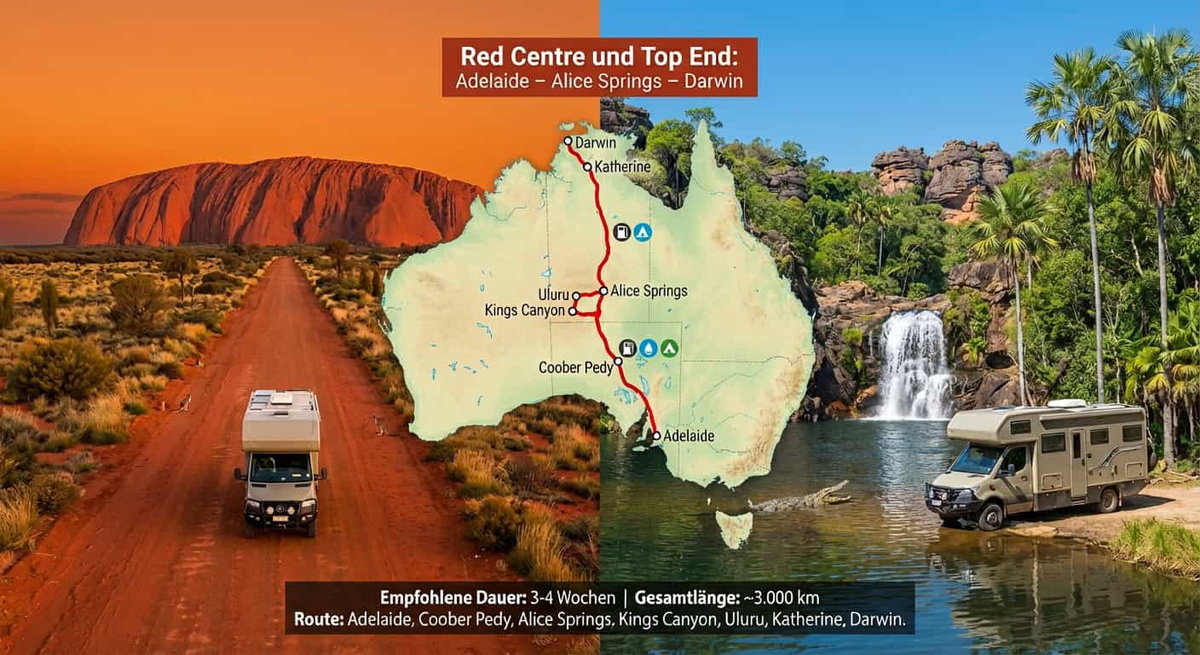 Camper in Australia's outback with map and waterfall in the background, air-conditioned and flexible on the road.