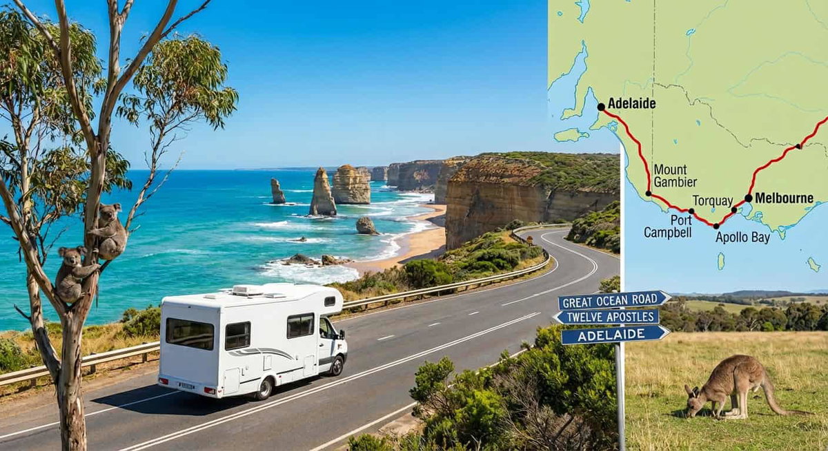 Motorhome on an Australian coastal road with kangaroos, rocks and the sea in the background.
